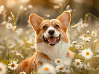 A Smiling Corgi Surrounded by Daisies in a Field