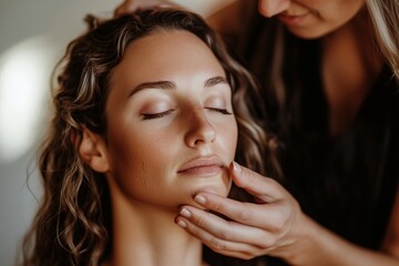 Obraz premium A woman receives a facial treatment from a skilled esthetician in a serene beauty studio during the afternoon