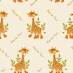 Cute giraffe on rollers seamless pattern. African animal in flowers with lettering Have fun. Best for baby clothes, posters, fabric, wrapping paper, bed linen. Vector illustration in cartoon style