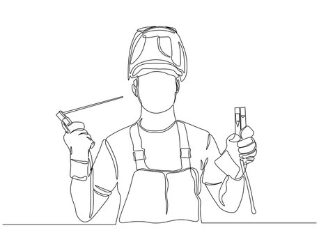 welder holding tools, continuous line drawing clip art preview