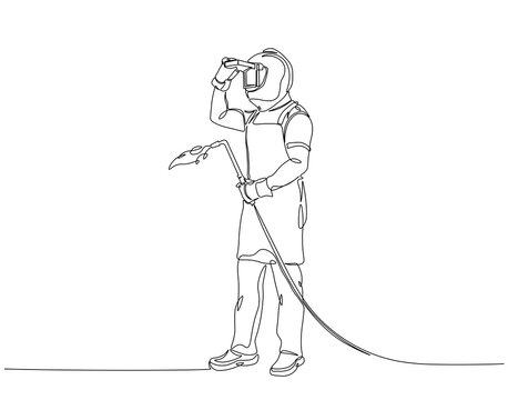 recommend clip art: Continuous one line drawing of welder using welding machine. One line drawing illustration of welder holding welding. Contruction project concept vector. Editable outline