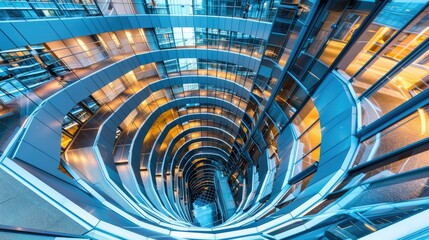 Fototapeta premium Spiral staircase inside a modern cylindrical building with glass floors