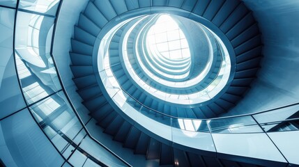 Obraz premium Spiral staircase inside a modern cylindrical building with glass floors
