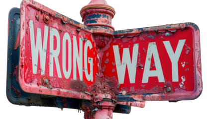 Old and Weathered 'Wrong Way' Street Sign with Rusty Poles
