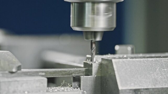 Precision cnc milling machine executing meticulous metal cutting with modern techniques. Close-up of end mill making precise cuts in a metal workpiece