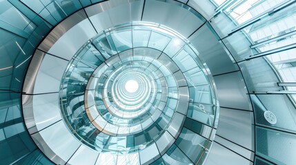 Spiral staircase inside a modern cylindrical building with glass floors