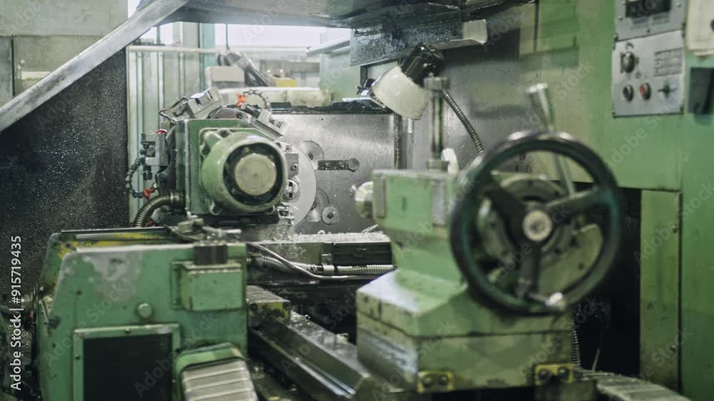 Poster witness precision engineering in action with an industrial lathe machine operating in a factory envi