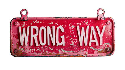 Rusty Vintage 'Wrong Way' Road Sign Isolated on White Background