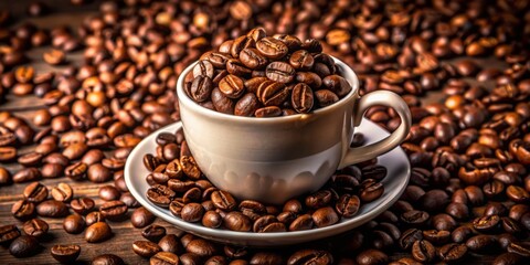 Fototapeta premium Freshly roasted aromatic coffee beans overflow from a white ceramic cup, their rich brown hues and varied shapes evoking a sense of warmth and inviting fragrance.