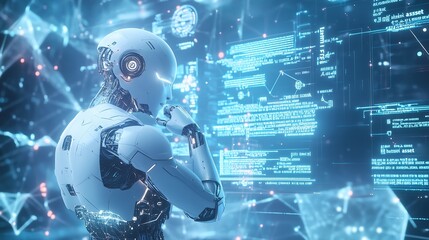 A futuristic humanoid robot analyzing complex data in a digital environment at night