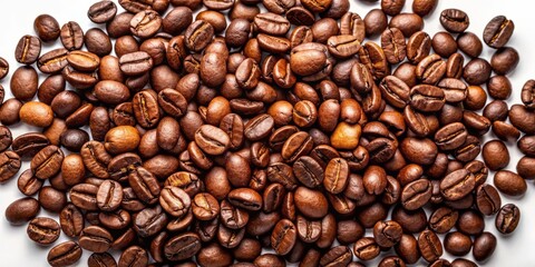 Fototapeta premium Freshly roasted coffee beans scattered in a random pattern on a clean white background, showcasing their varying brown shades and irregular shapes.