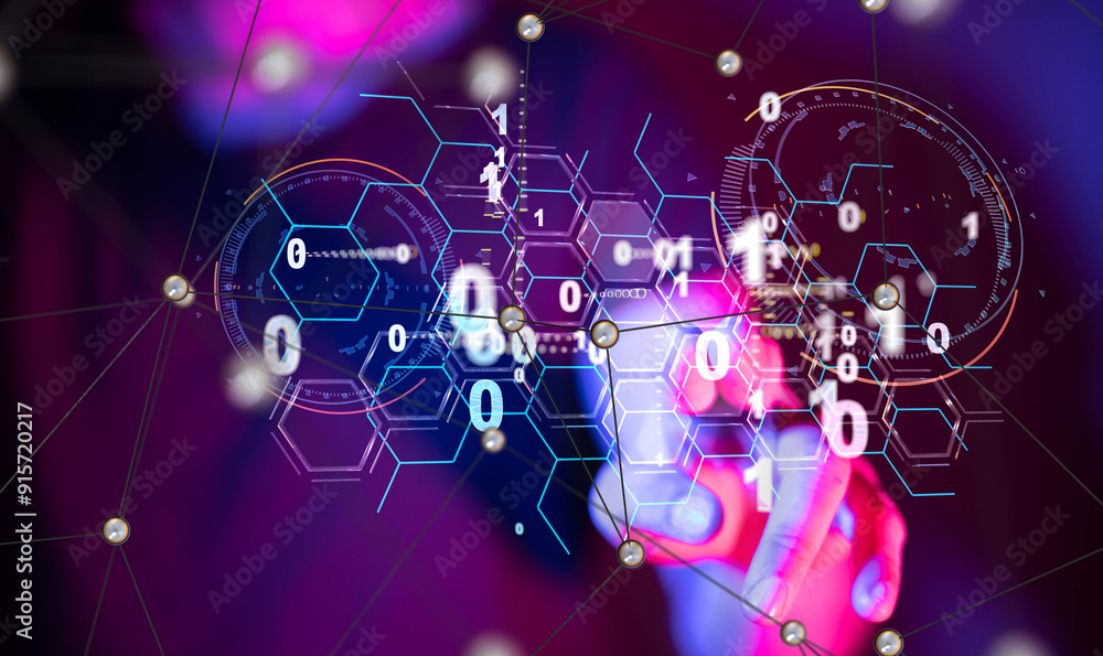 Poster Neural network 3D illustration. Big data and cybersecurity
