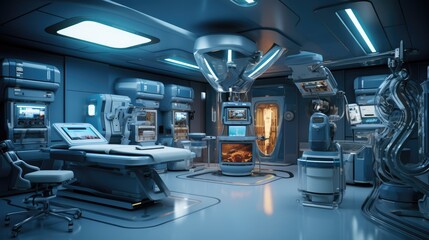 Obraz premium Sterile operating room with advanced robotic surgery tools