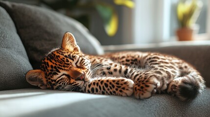 Obraz premium Sleeping Leopard Kitten on a Grey Couch