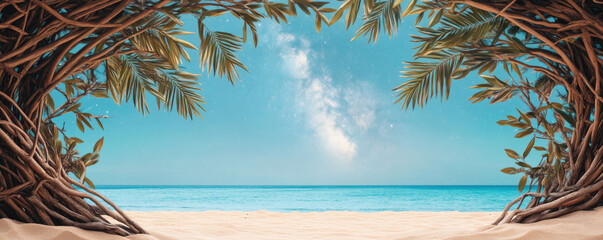 Explore a retro-style artwork featuring a tranquil tropical beach scene under a full moon, highlighted by a vibrant Milky Way, capturing the essence of a serene night.