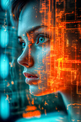 Visage de femme entre l'humain et la technologie