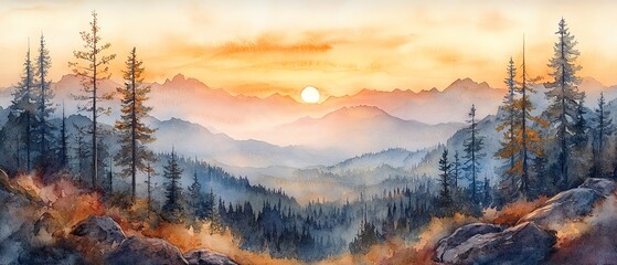 Fototapeta premium Watercolor painting of a mountain range at sunset, with a sun peeking over the horizon.
