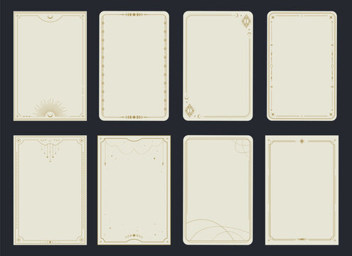 Esoteric magical Tarot cards templates. Golden frame border with celestial elements, crescents, stars. Mystery, astrology, alchemy. Vector illustration