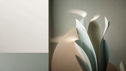 Softly colored paper forms layered artistically in a minimalist indoor space