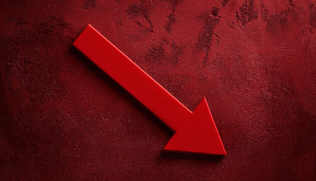 Red arrow points downward against textured dark background. Business and market downturn