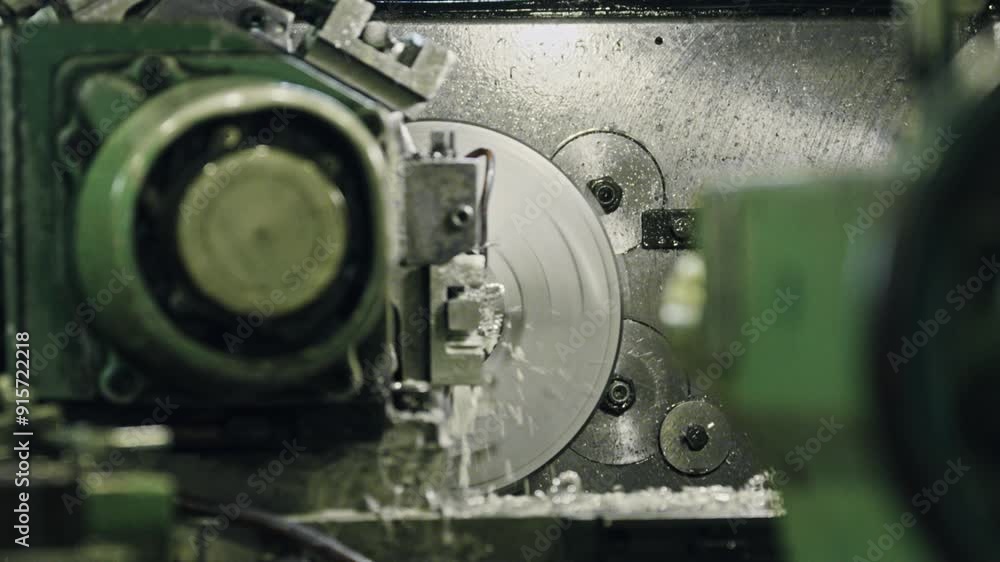 Poster experience precise metalworking with an industrial lathe machine cutting through metal in a factory 
