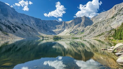Obraz premium Tranquil lake reflecting towering mountains