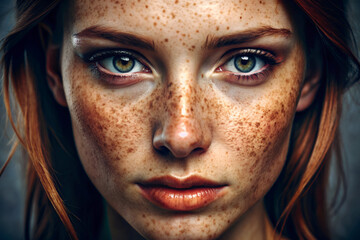 A woman with green eyes and red hair. She has a lot of freckles on her face