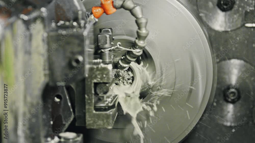Poster High-speed lathe machine cutting metal with cooling fluid in a workshop. Precision engineering and efficient metalworking process showcased