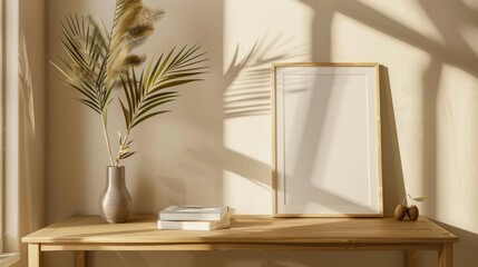 Vertical frame mockup on wooden desk, vase with olive branches, magazines; elegant workspace, summer interior, beige walls, blurred palm leaf.