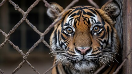 Fototapeta premium Close-up of a Tiger's Face Through a Wire Cage