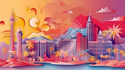 Obraz premium Panoramic view of the Los Angel city skyline with world famous landmarks in paper cut style vector illustration