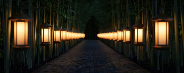 A dark forest with a path lined with golden lanterns