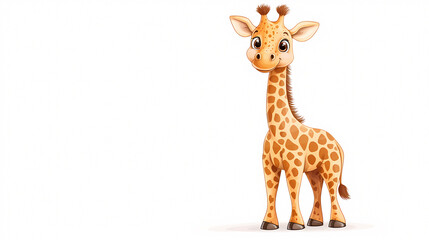 Obraz premium A giraffe is standing in front of a white background. The giraffe is cute and has a big smile on its face.