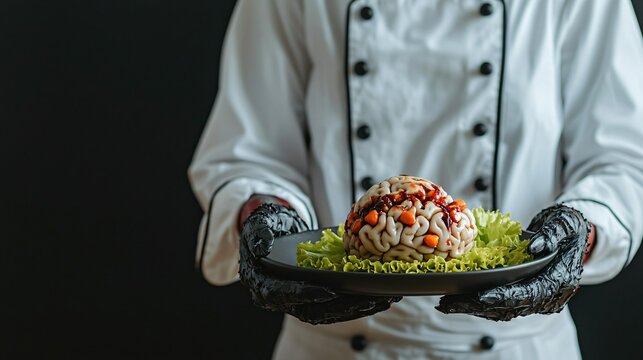 Halloween zombie chef presenting a brain dish spooky kitchen theme dark humor