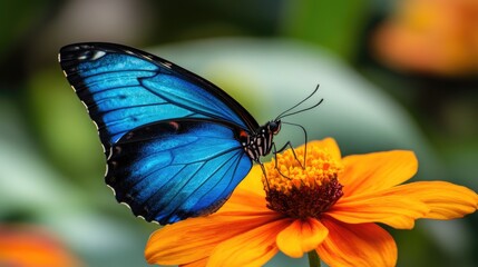 Naklejka premium Blue Morpho Butterfly Perched on an Orange Flower