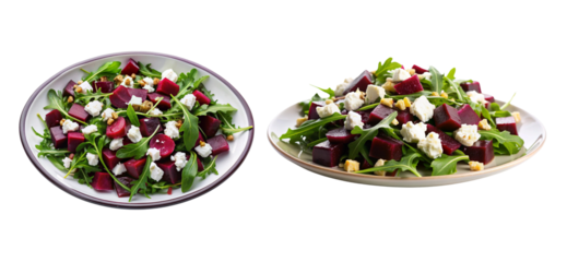 Bundle of red beet and goat cheese salad with arugula, side and top view, isolated on white background