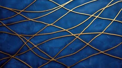 Bold gold lines crisscrossing on a deep blue canvas