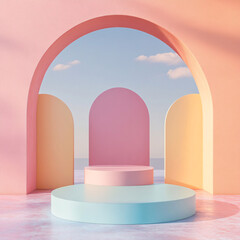 podium backdrop for product display with pastel and dreamy colors background