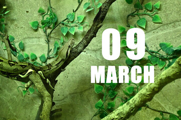 Calendar date on light green background with snake crawling on tree branch. March 9 is the ninth...