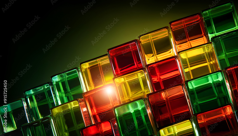 Poster colorful translucent blocks stacked creatively in a geometric pattern against a dark background