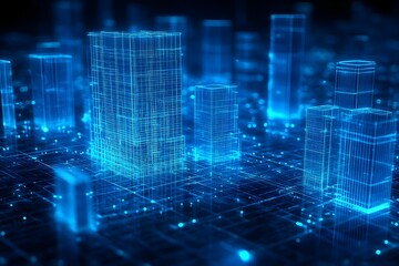 Obraz premium Holograme style 3D model building with dark blue technology background