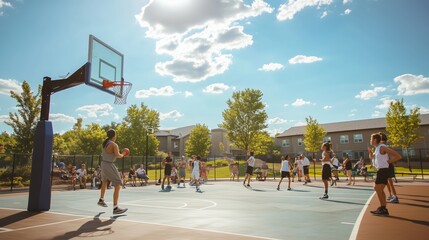 Group of young people playing basketball on a sunny afternoon at a community court