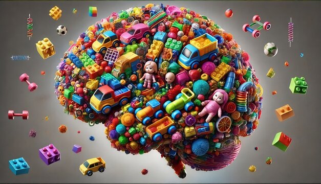 Cerebro conformado de muchos juguetes infantiles. representa la importancia del juego en el ni&ntilde;o para el desarrollo neurol&oacute;gico del cerebro. Apto para todo aquel que practique la neurologia. Abstracto