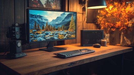 Computer Workstation with a Mountain Landscape Screen Saver