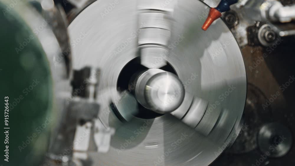 Poster Witness a metal lathe in action, showcasing high-speed precision machining in an industrial setting. Experience the cutting tool and rotating workpiece in this dynamic process