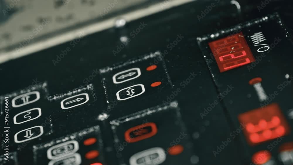 Poster detailed macro shot of an industrial control panel displaying digital readings and settings with a b
