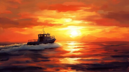 A cabin cruiser crossing the horizon as the sun sets, the sky painted with shades of orange and red