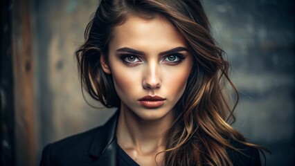 Fototapeta premium Intense gaze of a determined young woman with a strong jawline, stylish hair, and minimalist makeup, conveying confidence and inner strength in a modern setting.