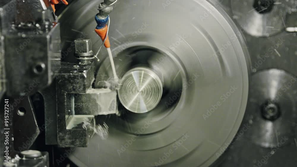 Poster cnc lathe turning metal workpiece with precision machining and coolant application in high-speed ind
