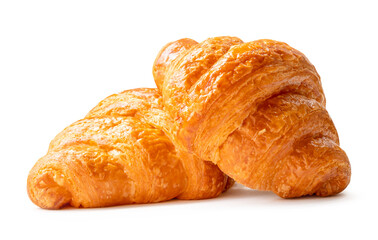 Side view of two pieces of brown or golden croissants in stack isolated on white background with clipping path
